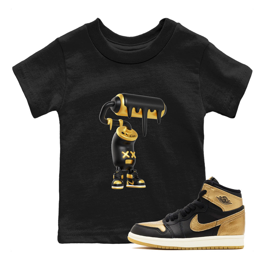 3D Paint Roller snkmatch Tees Kids - Air Jordan 1 Black Metallic Gold