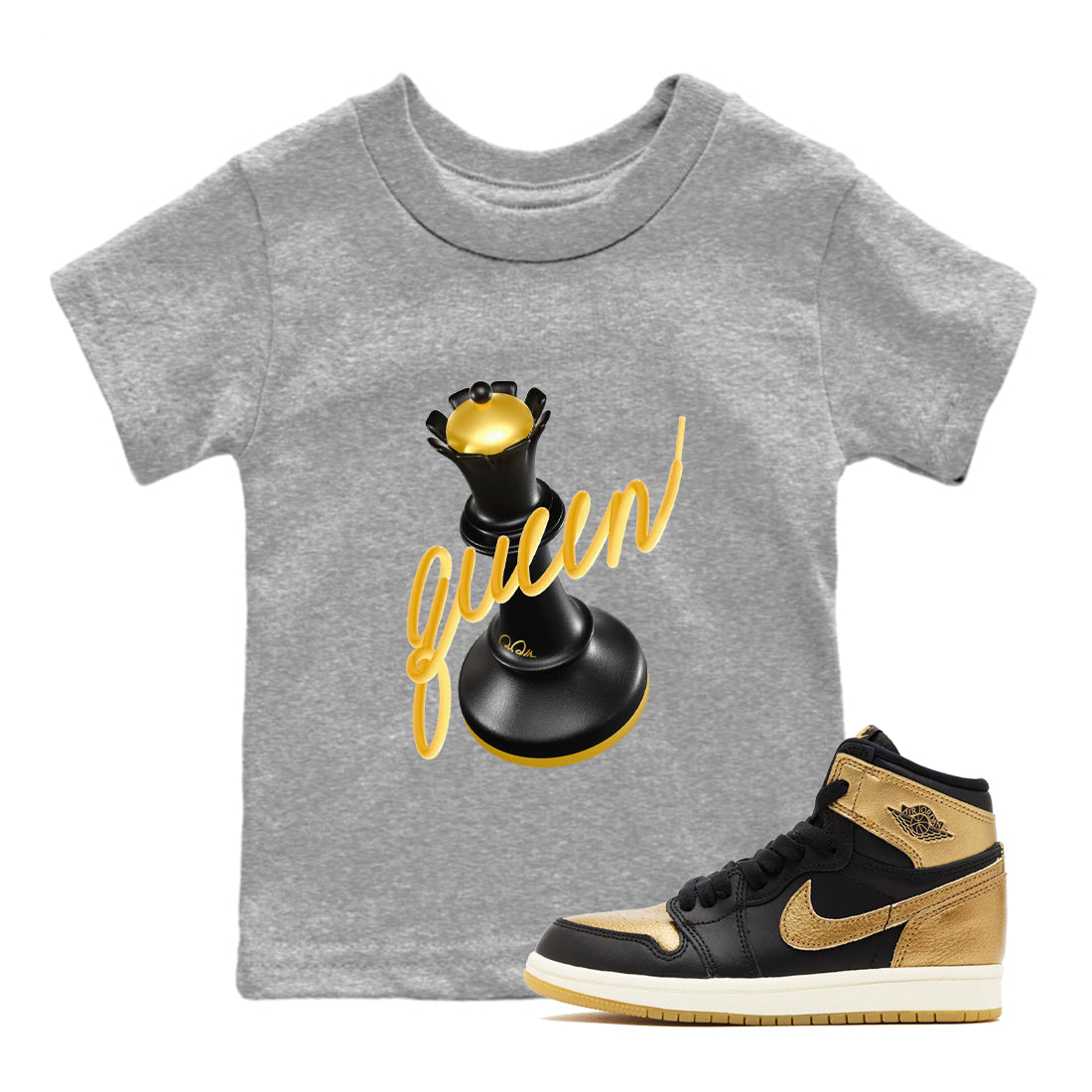 3D Queen snkmatch Tees Kids - Air Jordan 1 Black Metallic Gold
