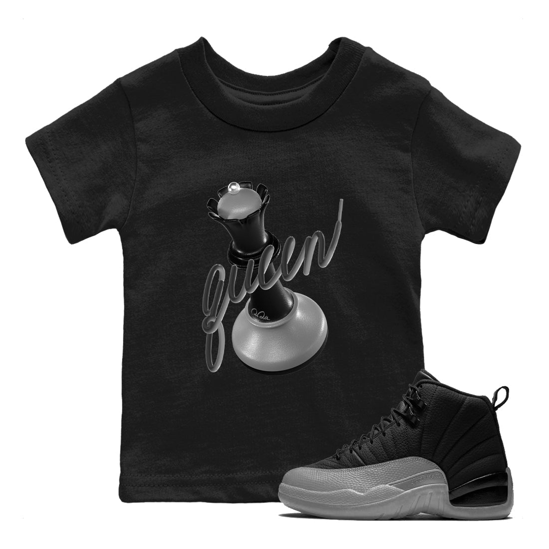 3D Queen snkmatch Tees Kids - Air Jordan 12 Black Wolf Grey