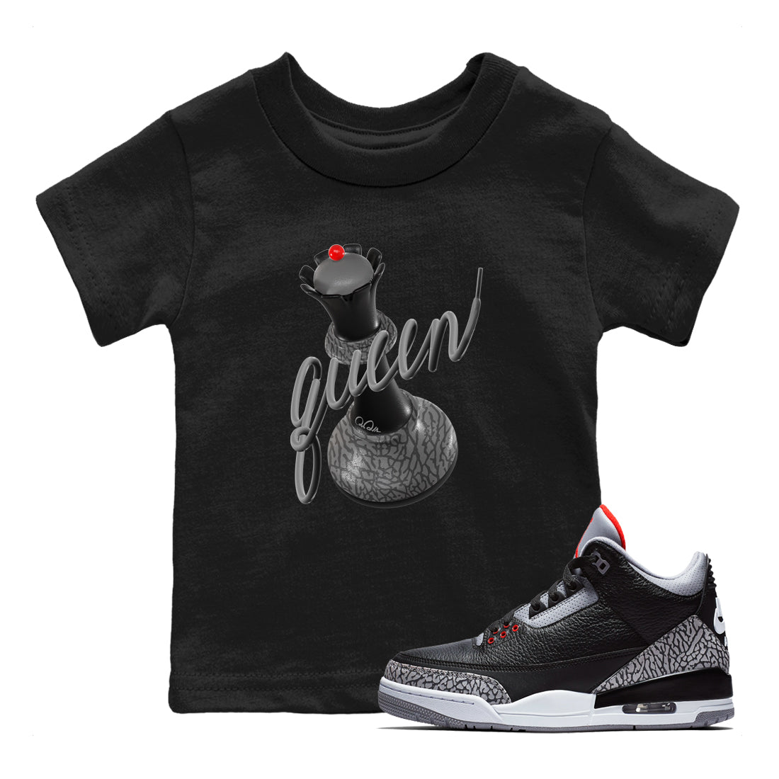 3D Queen snkmatch Tees Kids - Air Jordan 3 Black Cement