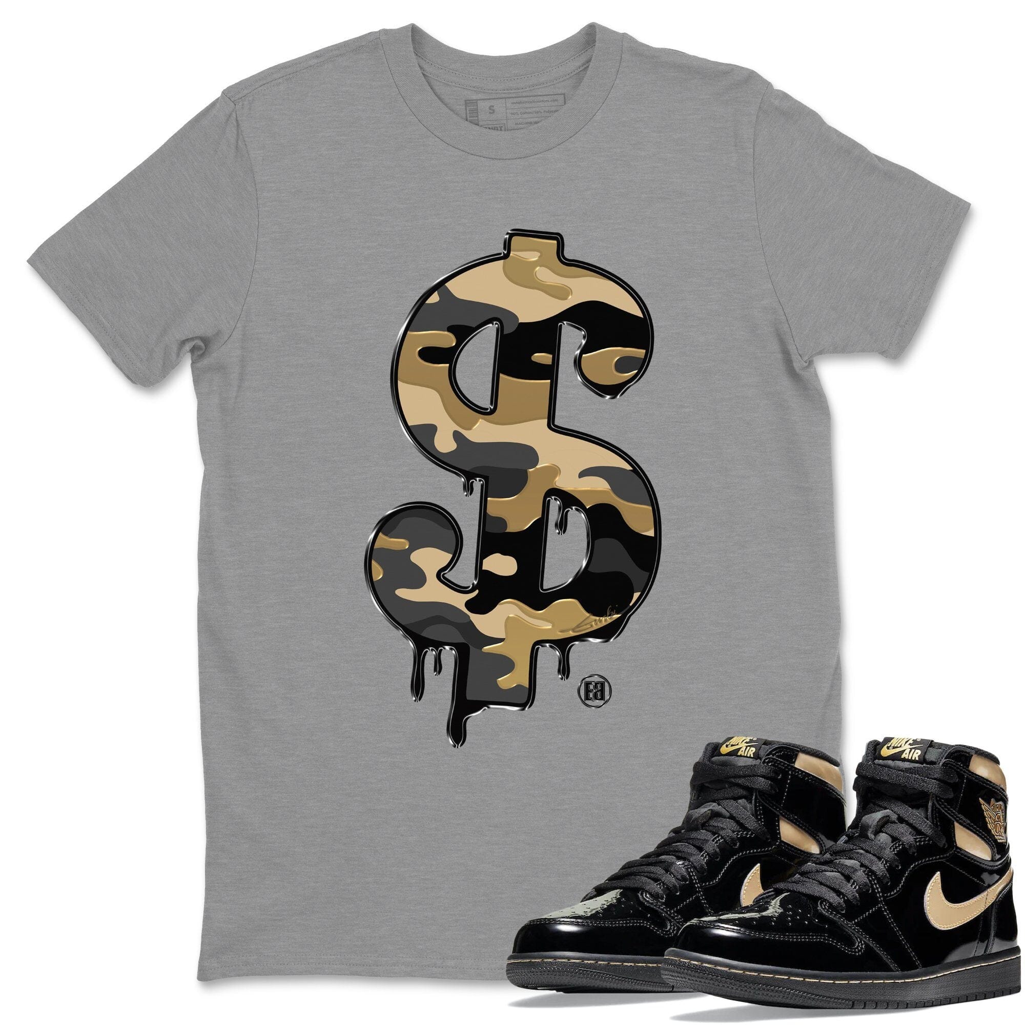 Dollar Camo Unisex Tops - Air Jordan 1 Black Metallic Gold