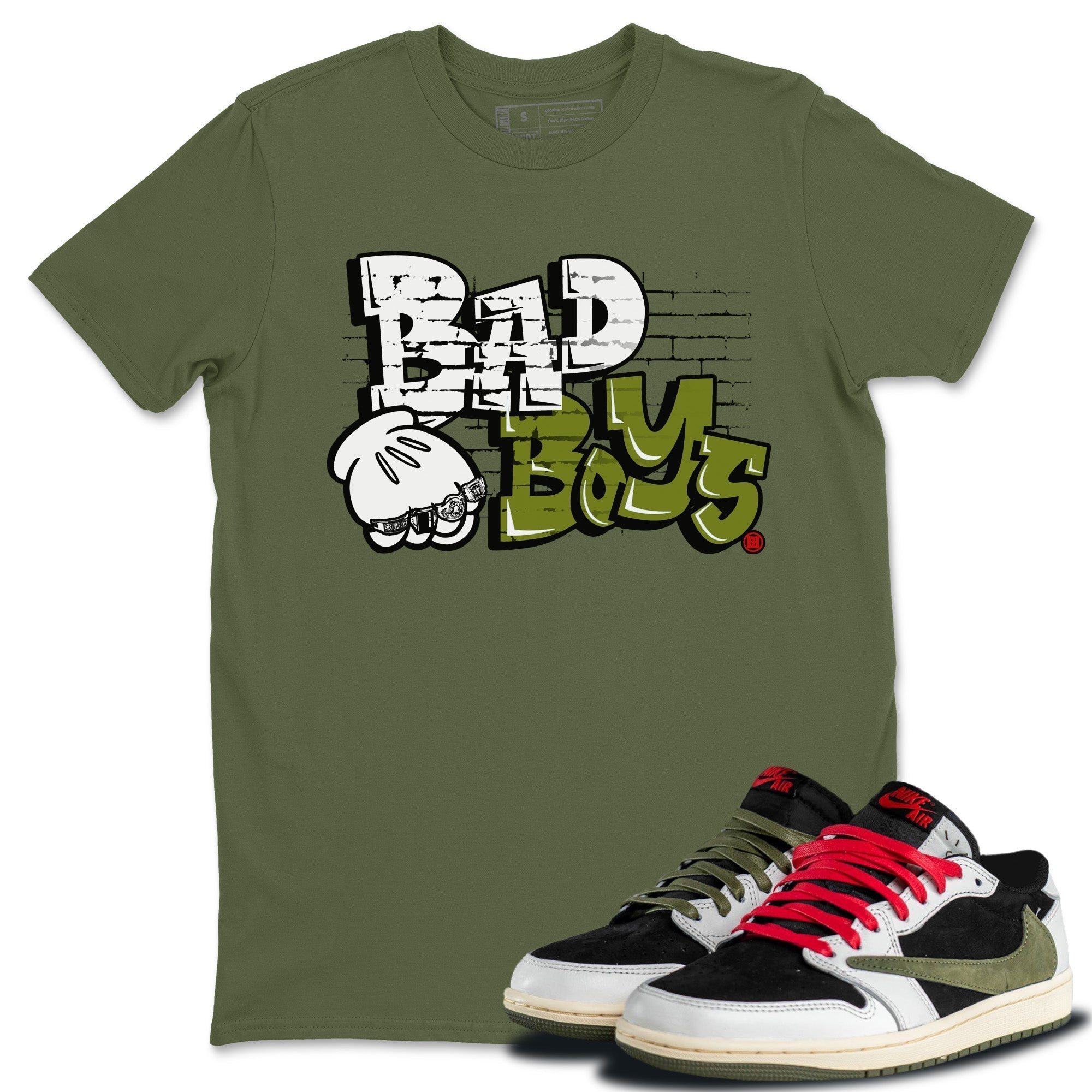 Bad Boys Unisex Tops - Air Jordan 1 Travis Scott Olive