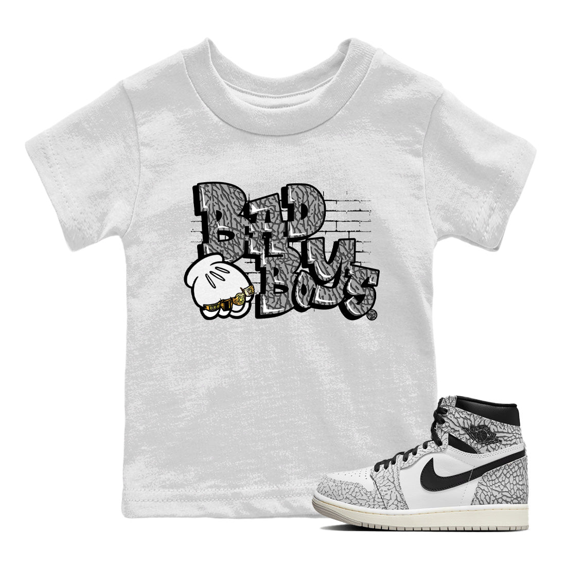Bad Boys Kids Tops - Air Jordan 1 White Cement