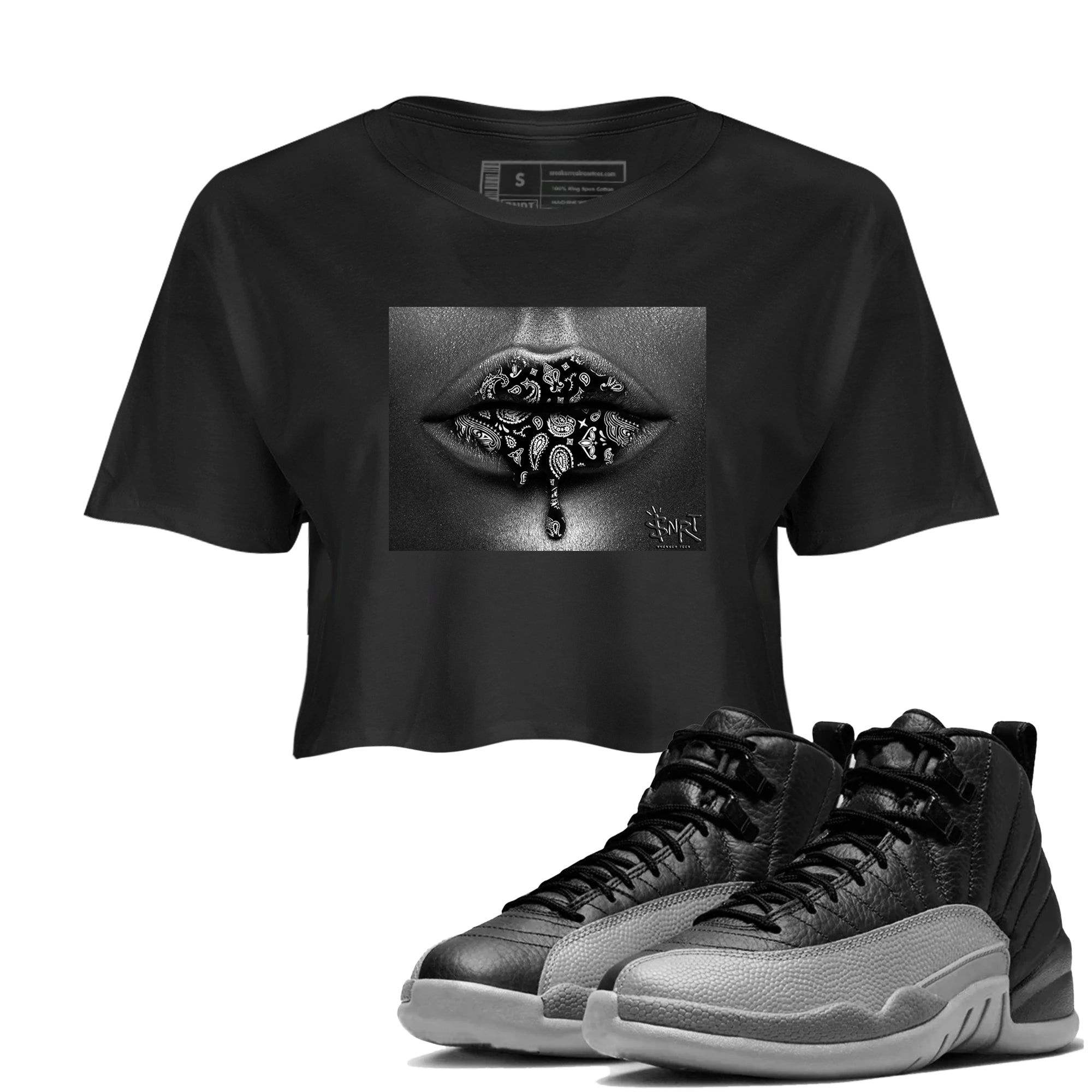 Bandana Lips snkmatch Women's Top - Air Jordan 12 Black Wolf Grey
