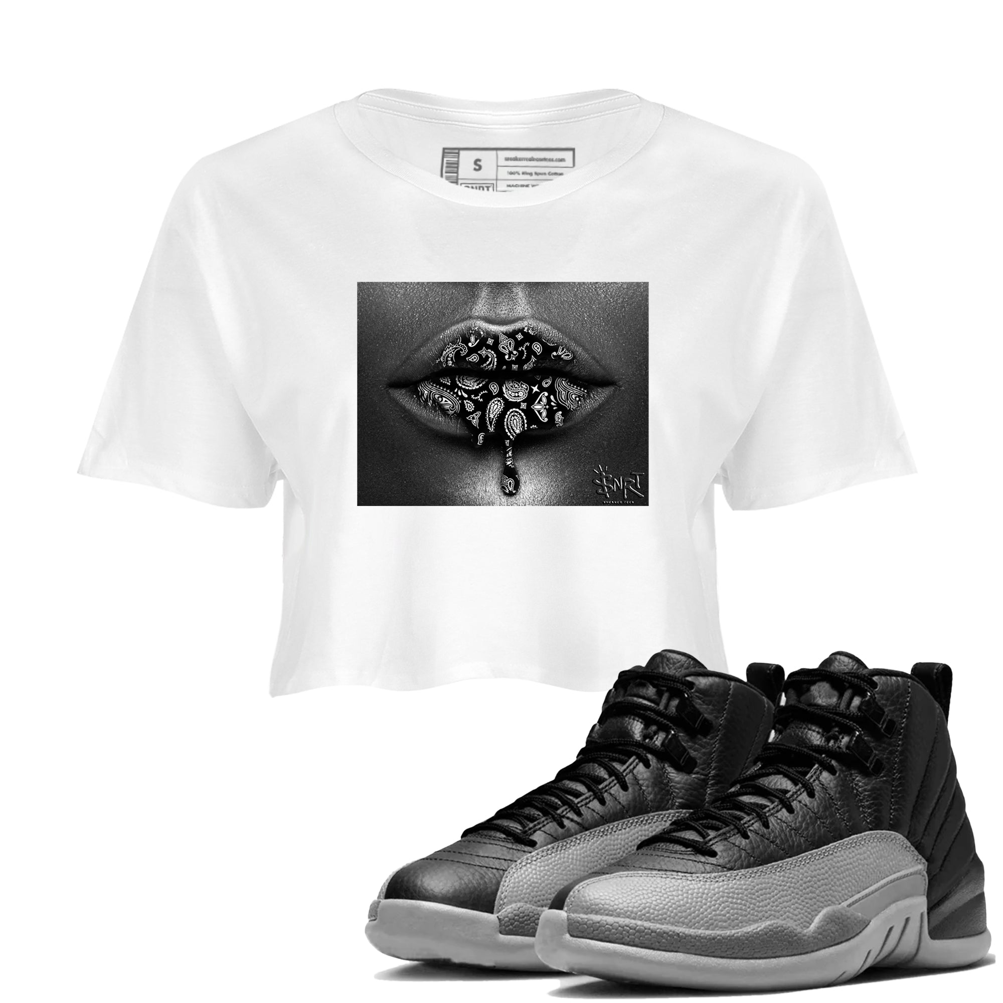 Bandana Lips snkmatch Women's Top - Air Jordan 12 Black Wolf Grey