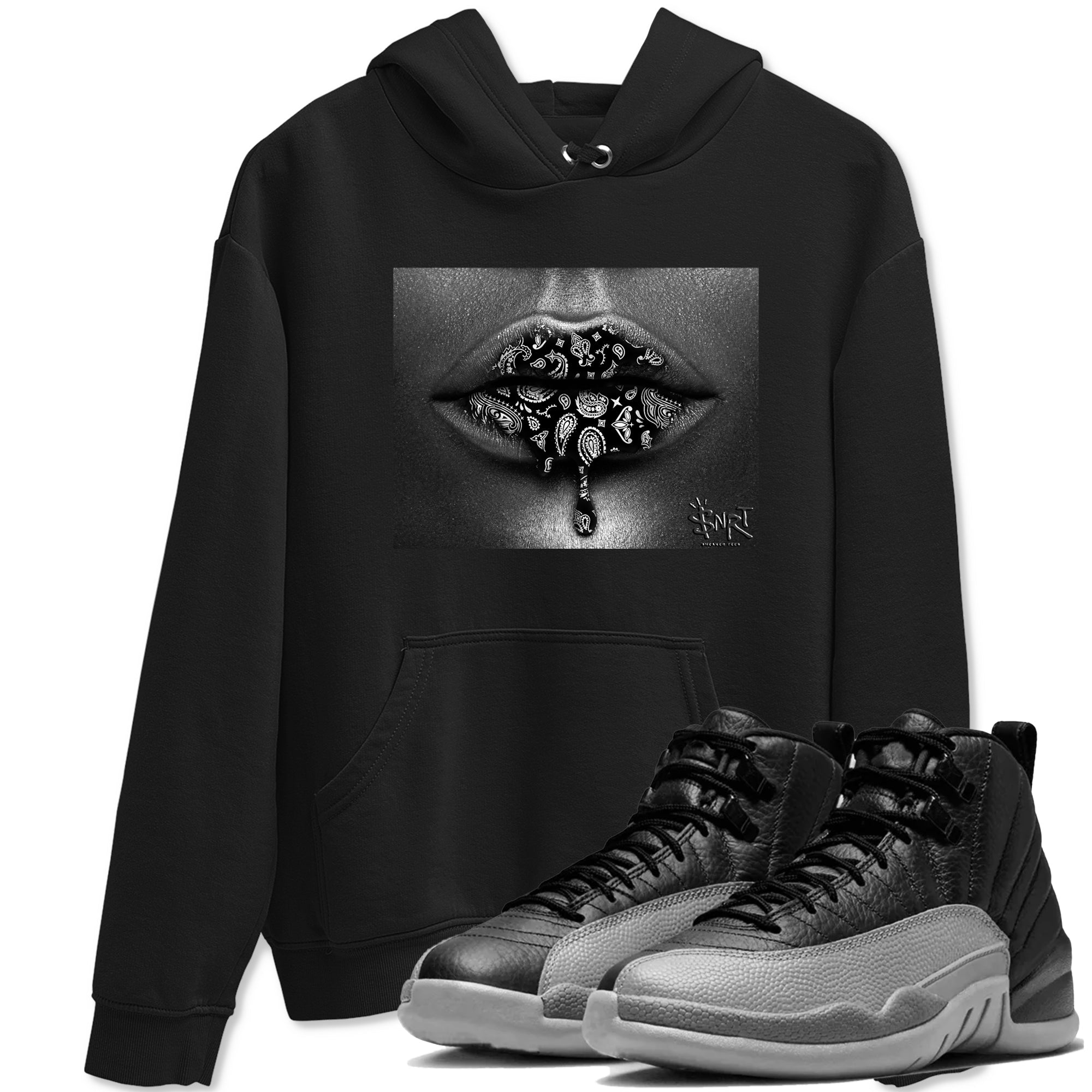 Bandana Lips snkmatch Tees - Air Jordan 12 Black Wolf Grey