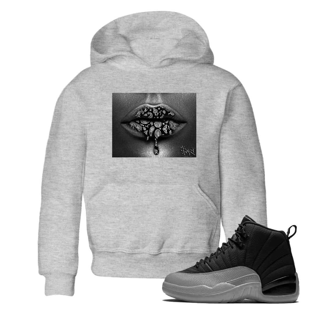 Bandana Lips snkmatch Tees Kids - Air Jordan 12 Black Wolf Grey