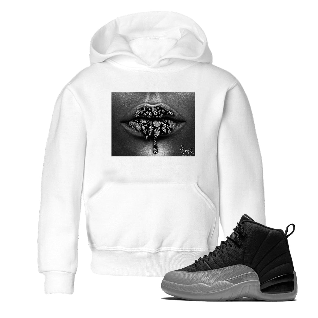 Bandana Lips snkmatch Tees Kids - Air Jordan 12 Black Wolf Grey