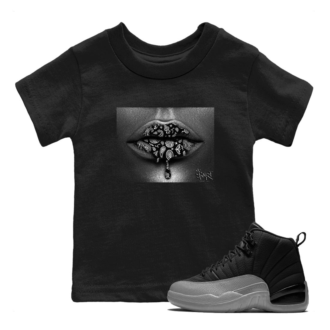 Bandana Lips snkmatch Tees Kids - Air Jordan 12 Black Wolf Grey