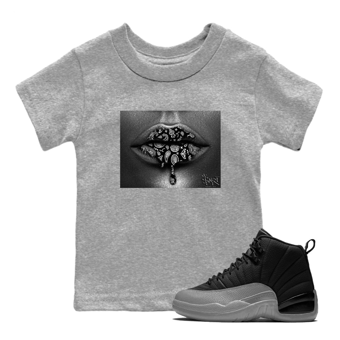 Bandana Lips snkmatch Tees Kids - Air Jordan 12 Black Wolf Grey