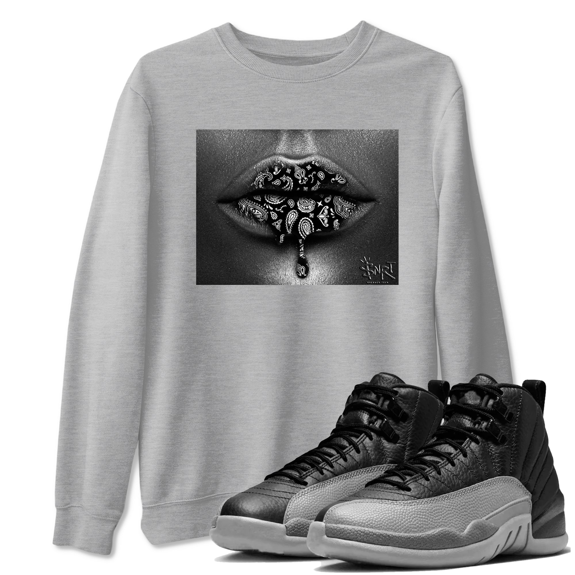 Bandana Lips snkmatch Tees - Air Jordan 12 Black Wolf Grey