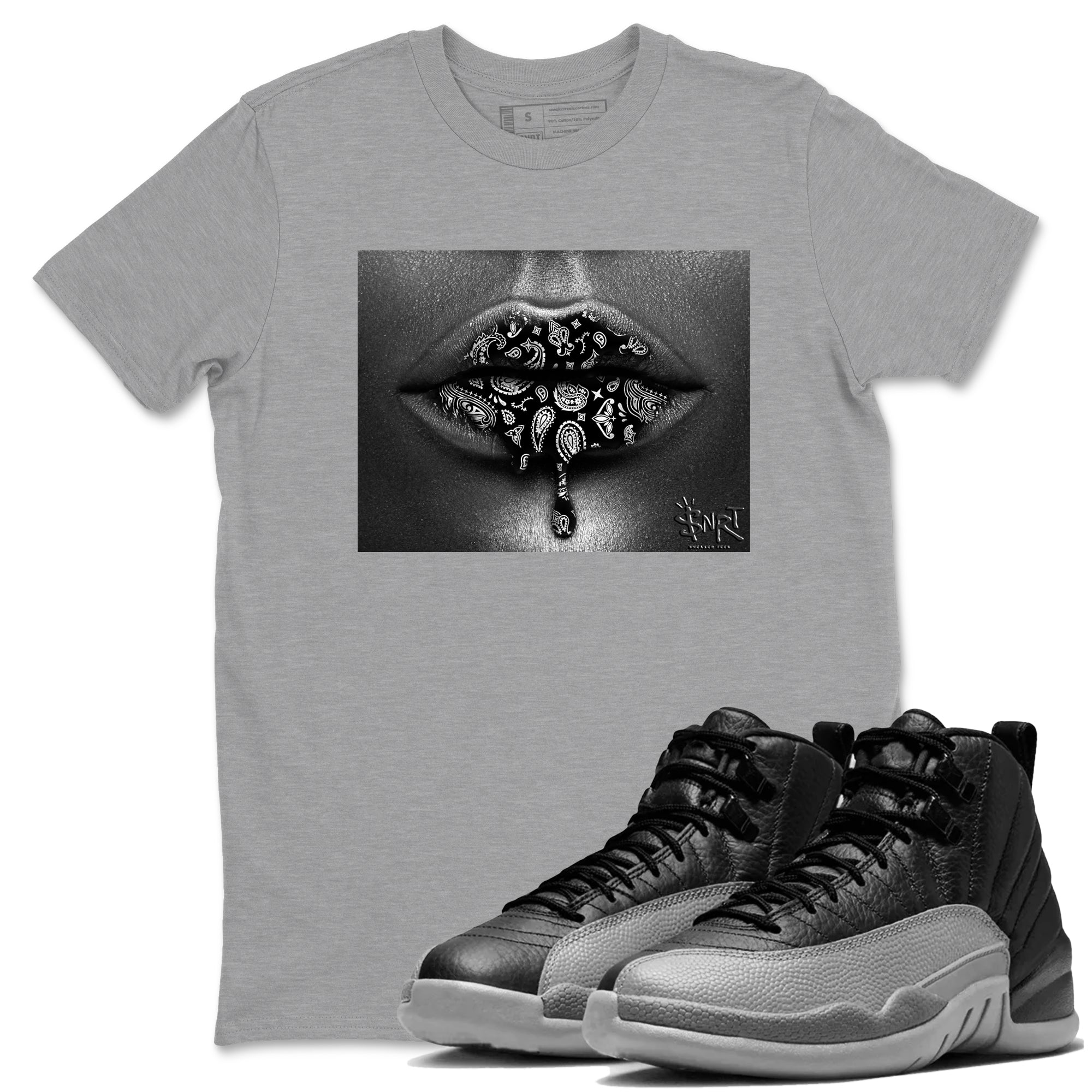 Bandana Lips snkmatch Tees - Air Jordan 12 Black Wolf Grey