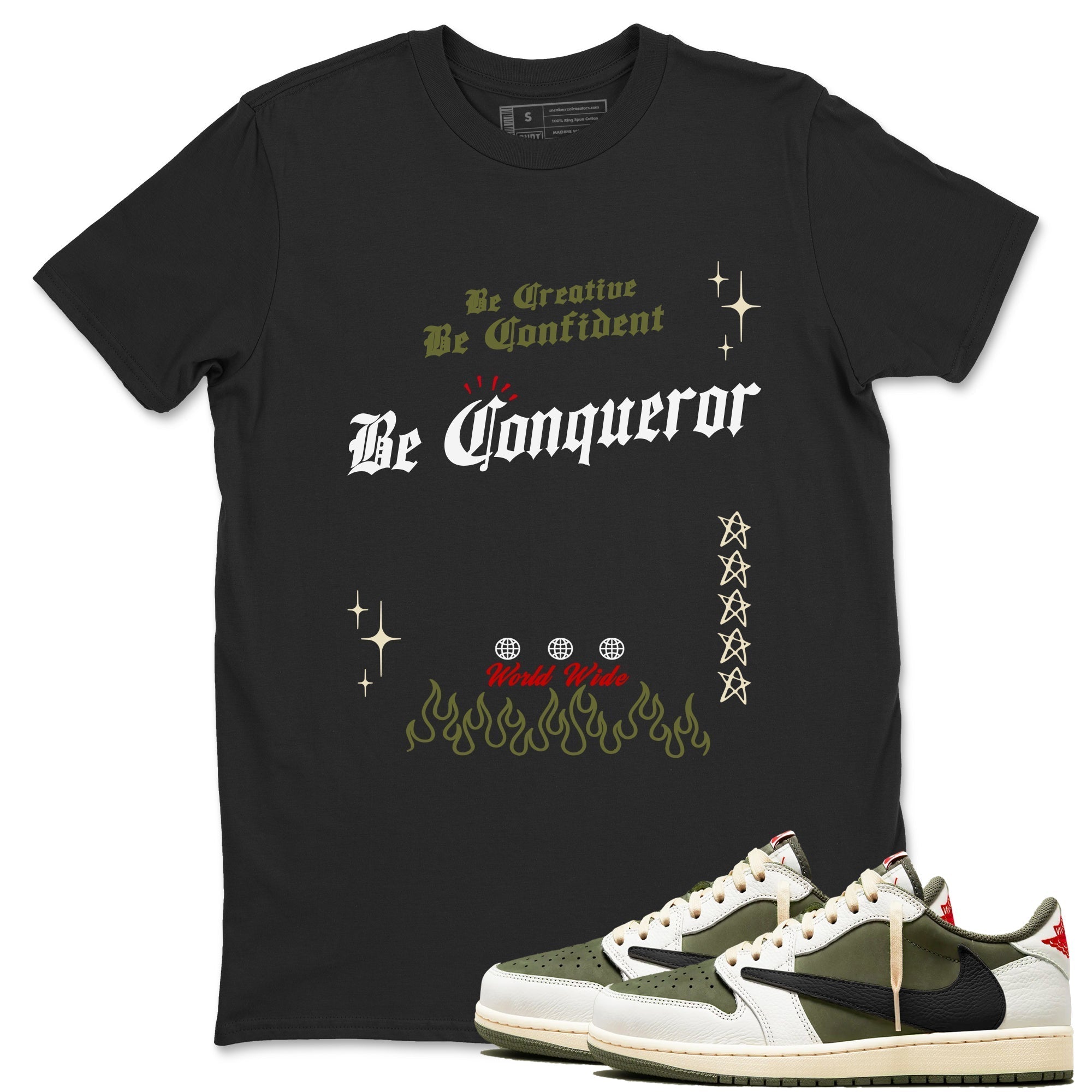Be Conqueror snkmatch Tees - Air Jordan 1 Travis Scott Medium Olive