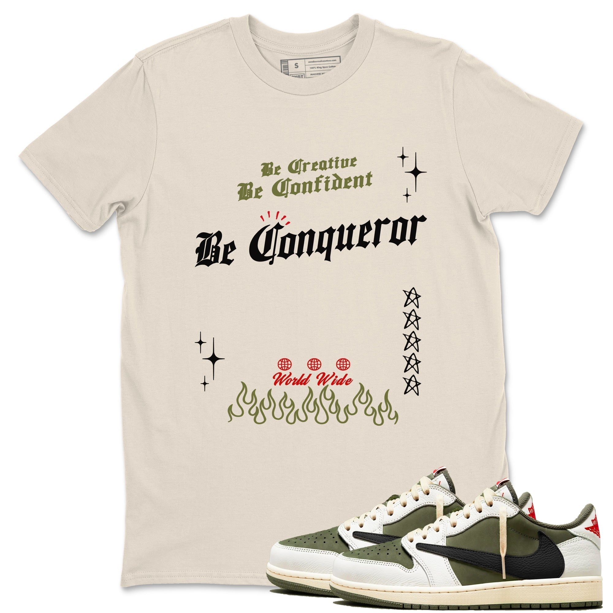 Be Conqueror snkmatch Tees - Air Jordan 1 Travis Scott Medium Olive