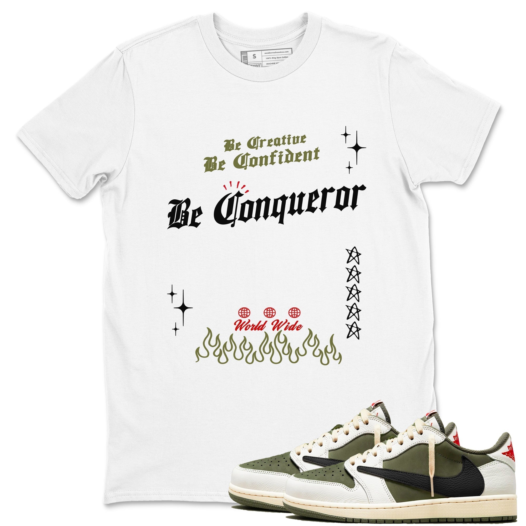 Be Conqueror snkmatch Tees - Air Jordan 1 Travis Scott Medium Olive