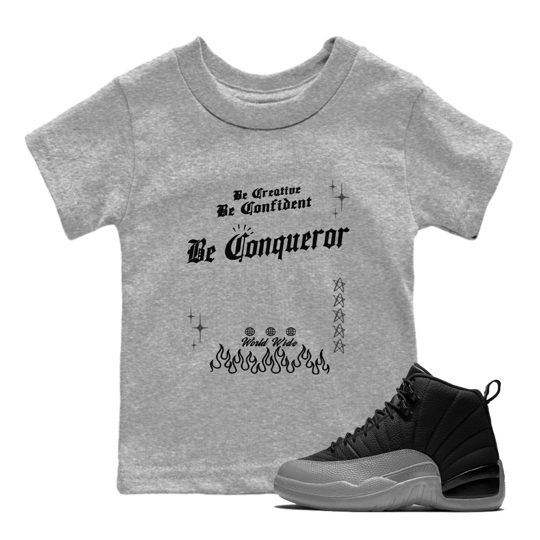 Be Conqueror snkmatch Tees Kids - Air Jordan 12 Black Wolf Grey