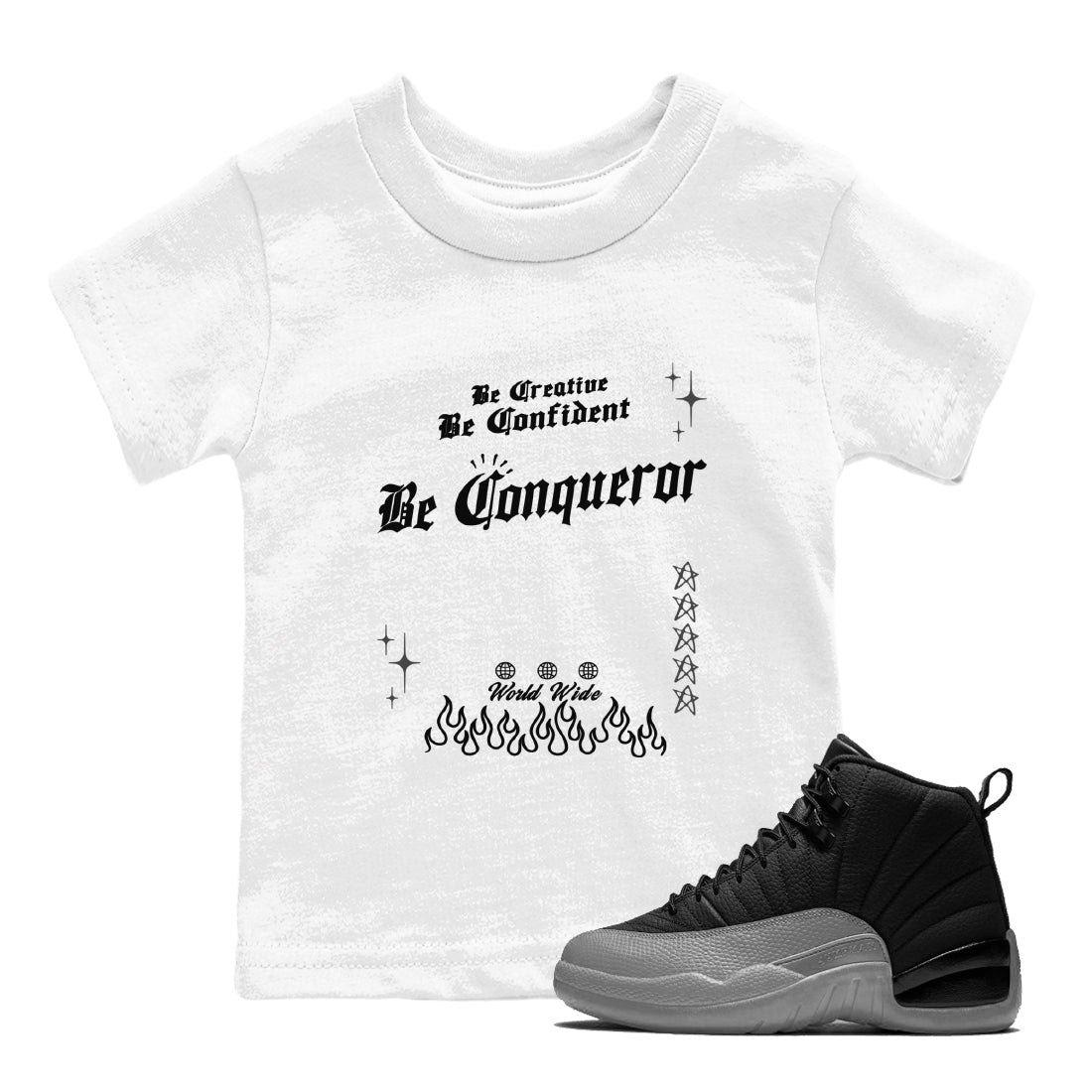 Be Conqueror snkmatch Tees Kids - Air Jordan 12 Black Wolf Grey
