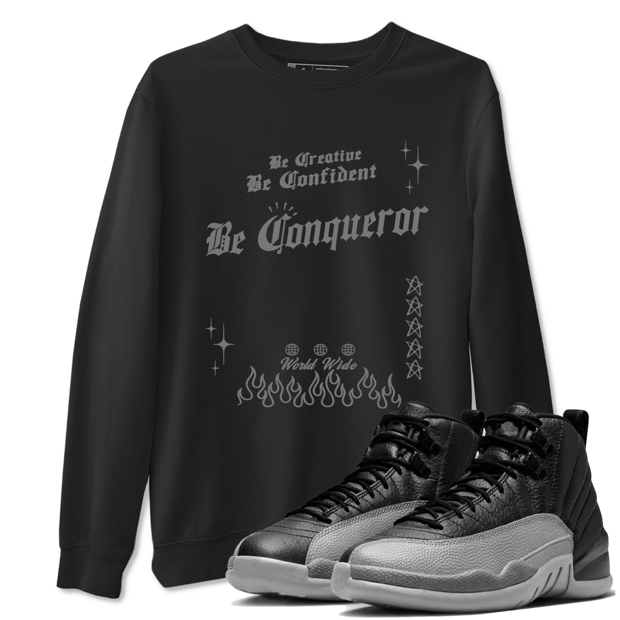 Be Conqueror snkmatch Tees - Air Jordan 12 Black Wolf Grey