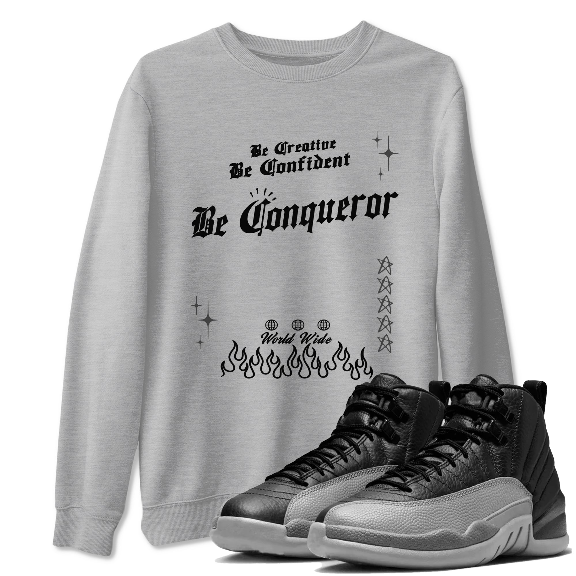 Be Conqueror snkmatch Tees - Air Jordan 12 Black Wolf Grey