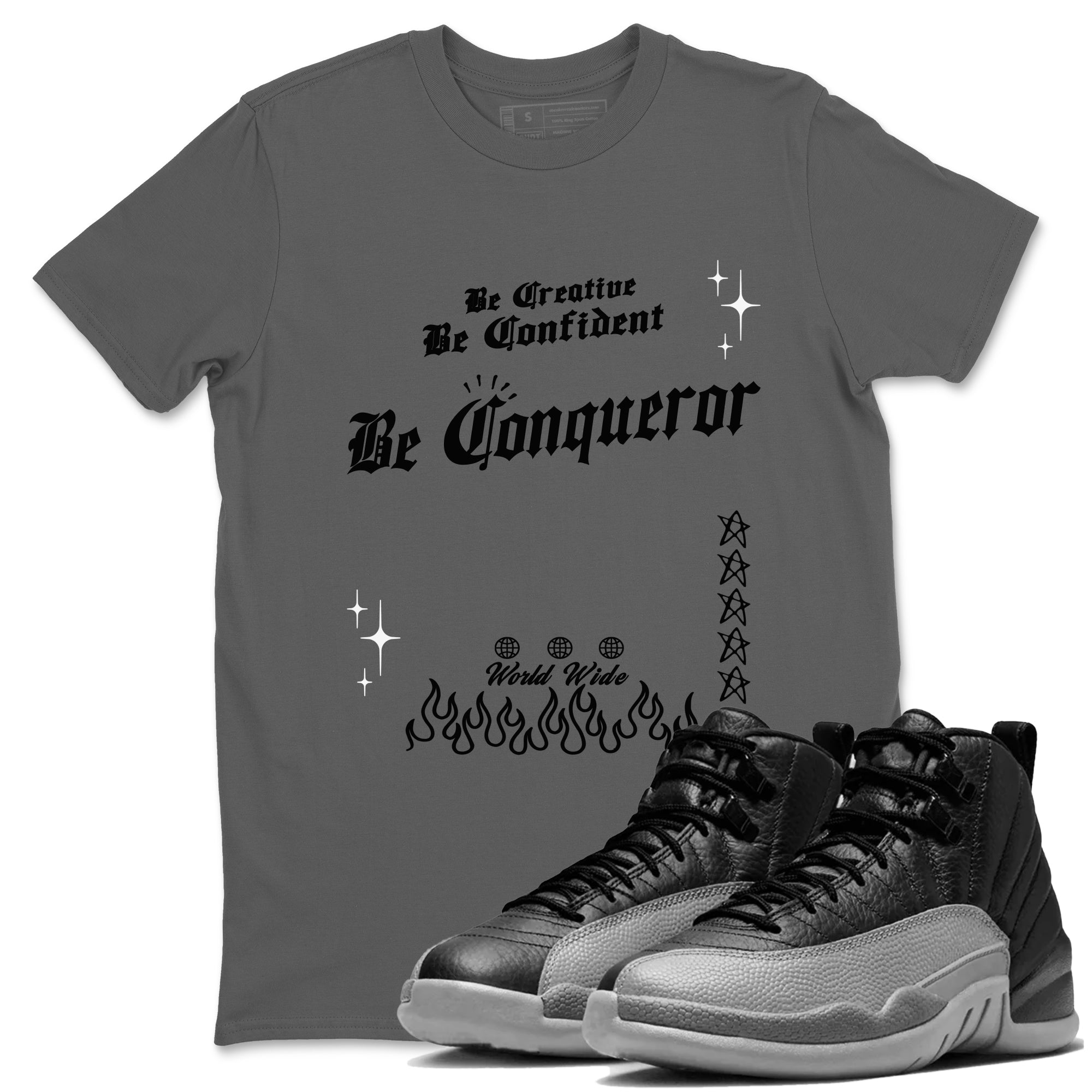 Be Conqueror snkmatch Tees - Air Jordan 12 Black Wolf Grey