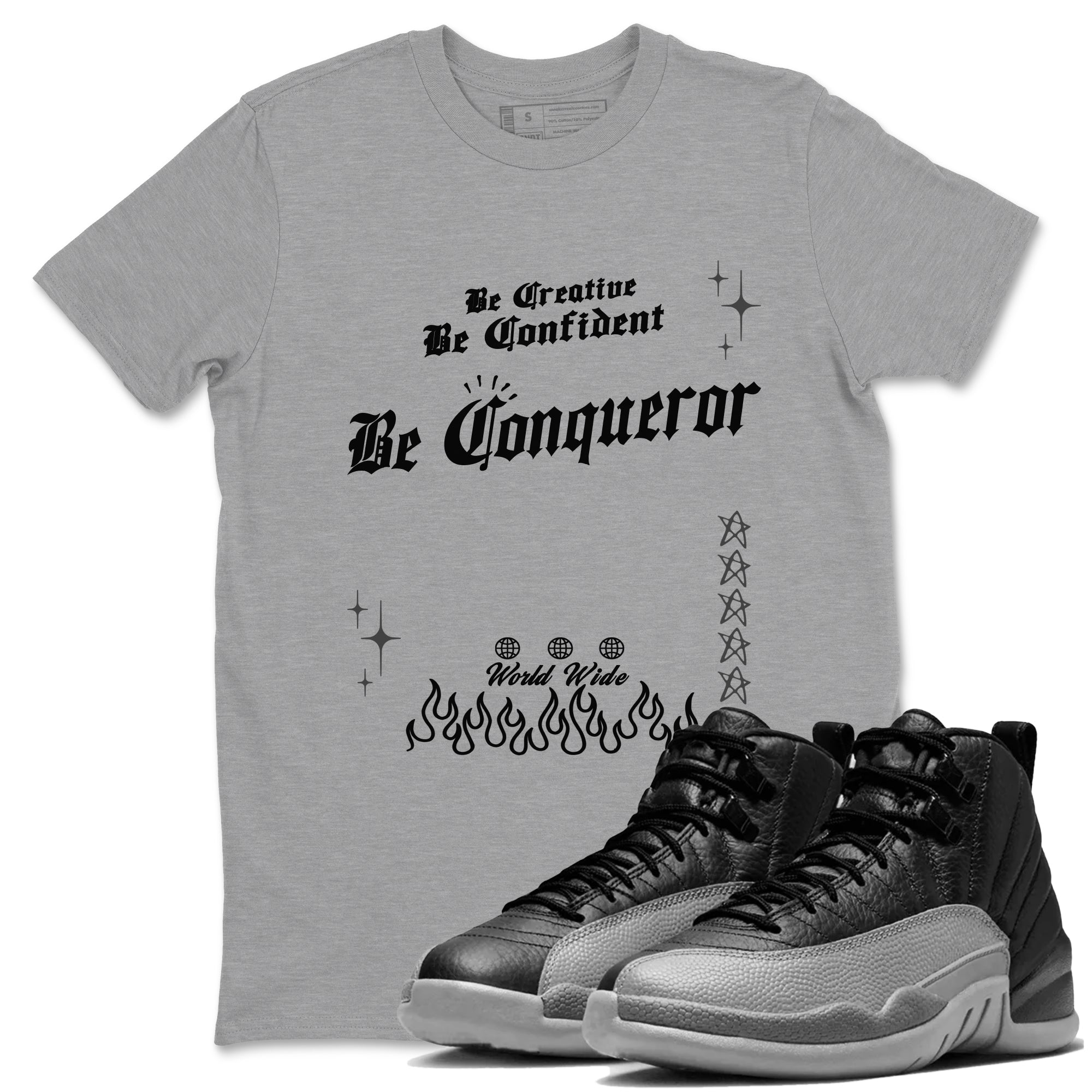 Be Conqueror snkmatch Tees - Air Jordan 12 Black Wolf Grey
