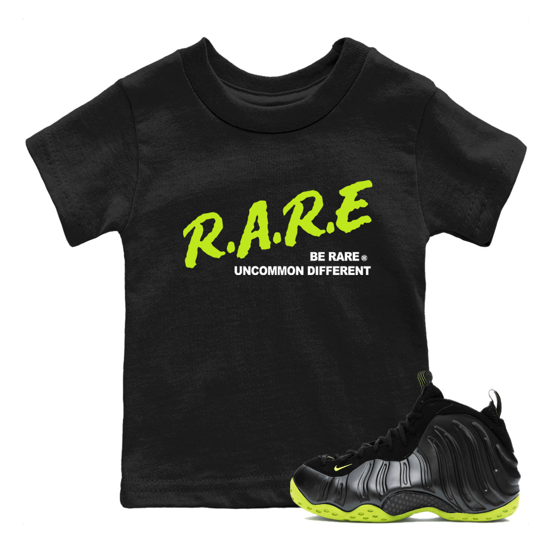 Be Rare Uncommon Different snkmatch Tees Kids - Air Foamposite One Black Volt