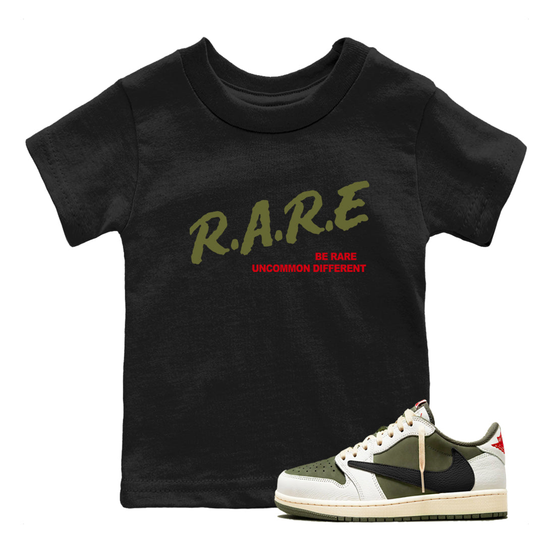 Be Rare Uncommon Different snkmatch Tees Kids - Air Jordan 1 Travis Scott Medium Olive