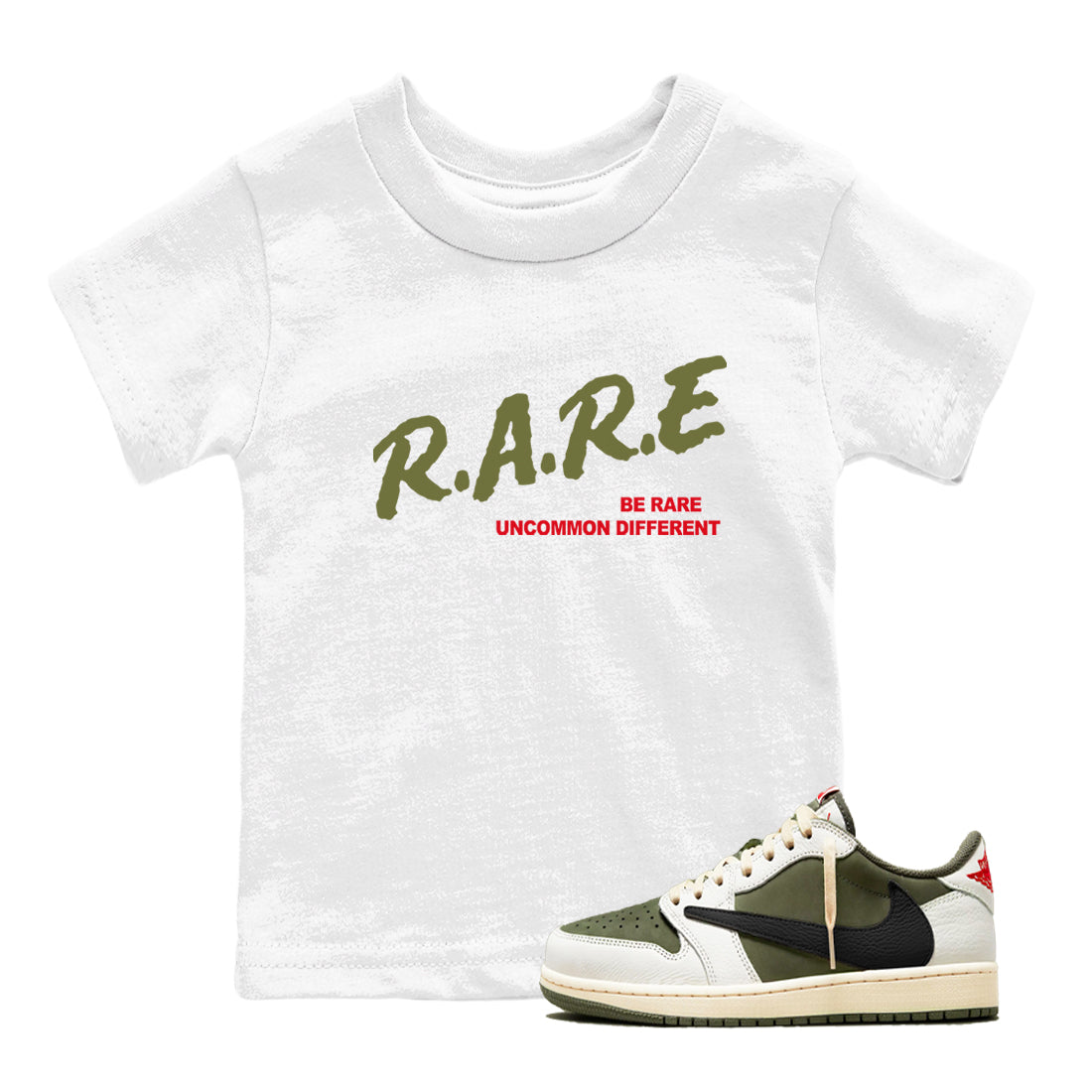 Be Rare Uncommon Different snkmatch Tees Kids - Air Jordan 1 Travis Scott Medium Olive