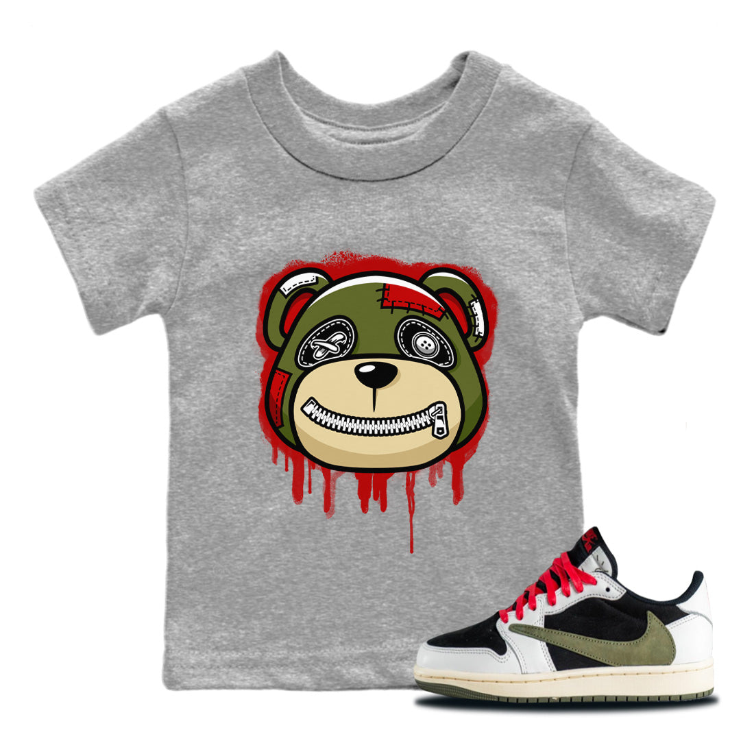 Bear Face Kids Tops - Air Jordan 1 Travis Scott Olive