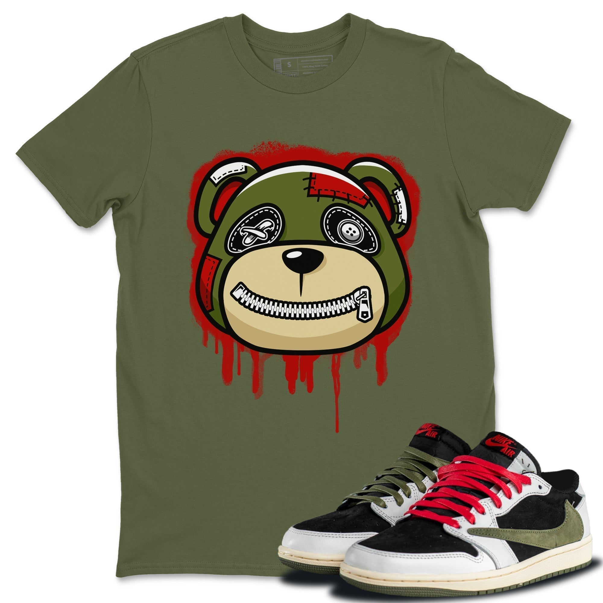 Bear Face Unisex Tops - Air Jordan 1 Travis Scott Olive