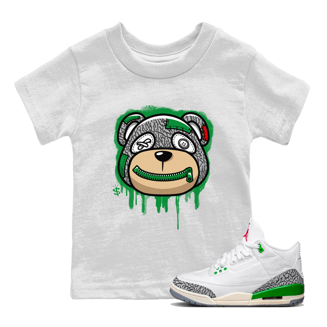 Bear Face Kids Tops - Air Jordan 3 Lucky Green