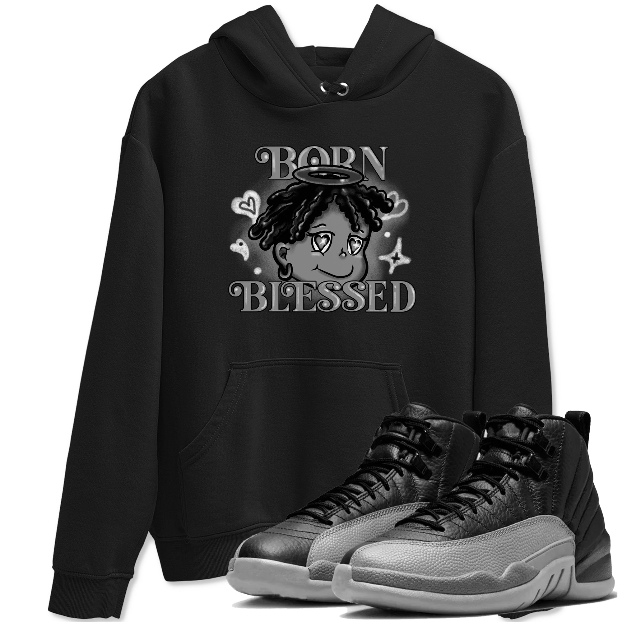 Born Blessed snkmatch Tees - Air Jordan 12 Black Wolf Grey