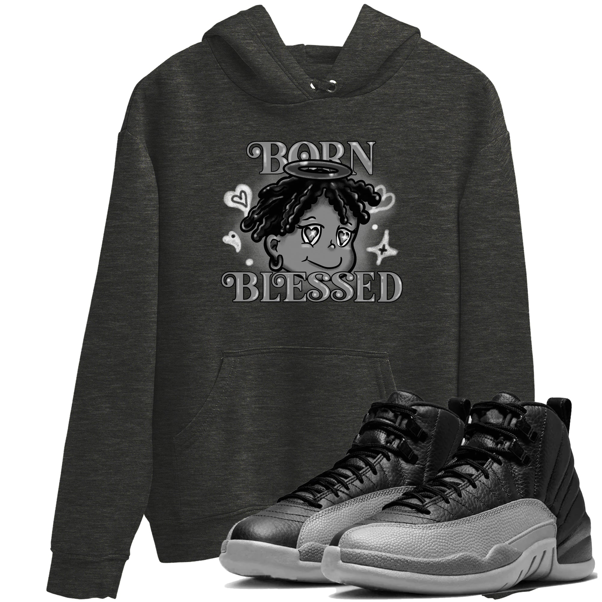 Born Blessed snkmatch Tees - Air Jordan 12 Black Wolf Grey