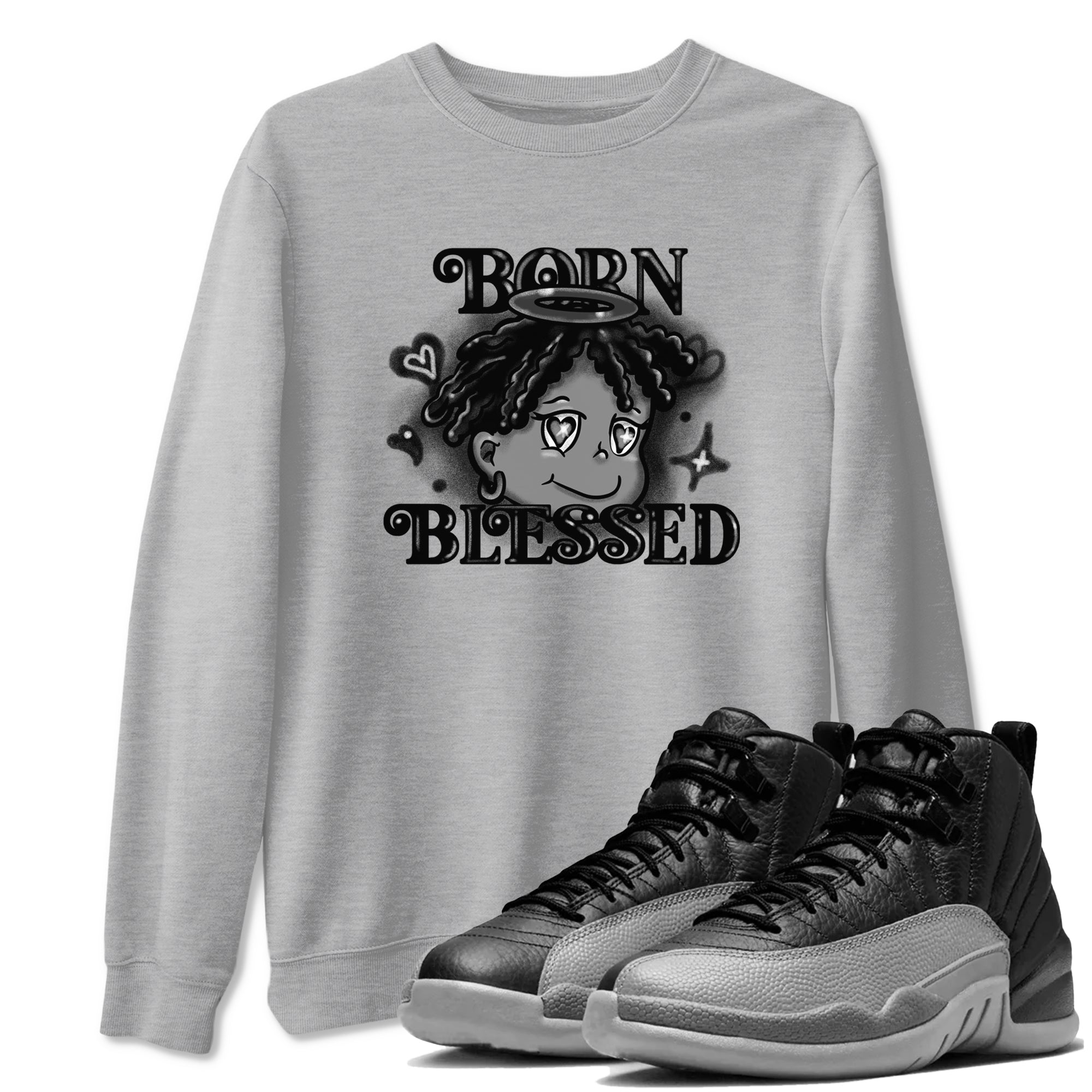 Born Blessed snkmatch Tees - Air Jordan 12 Black Wolf Grey