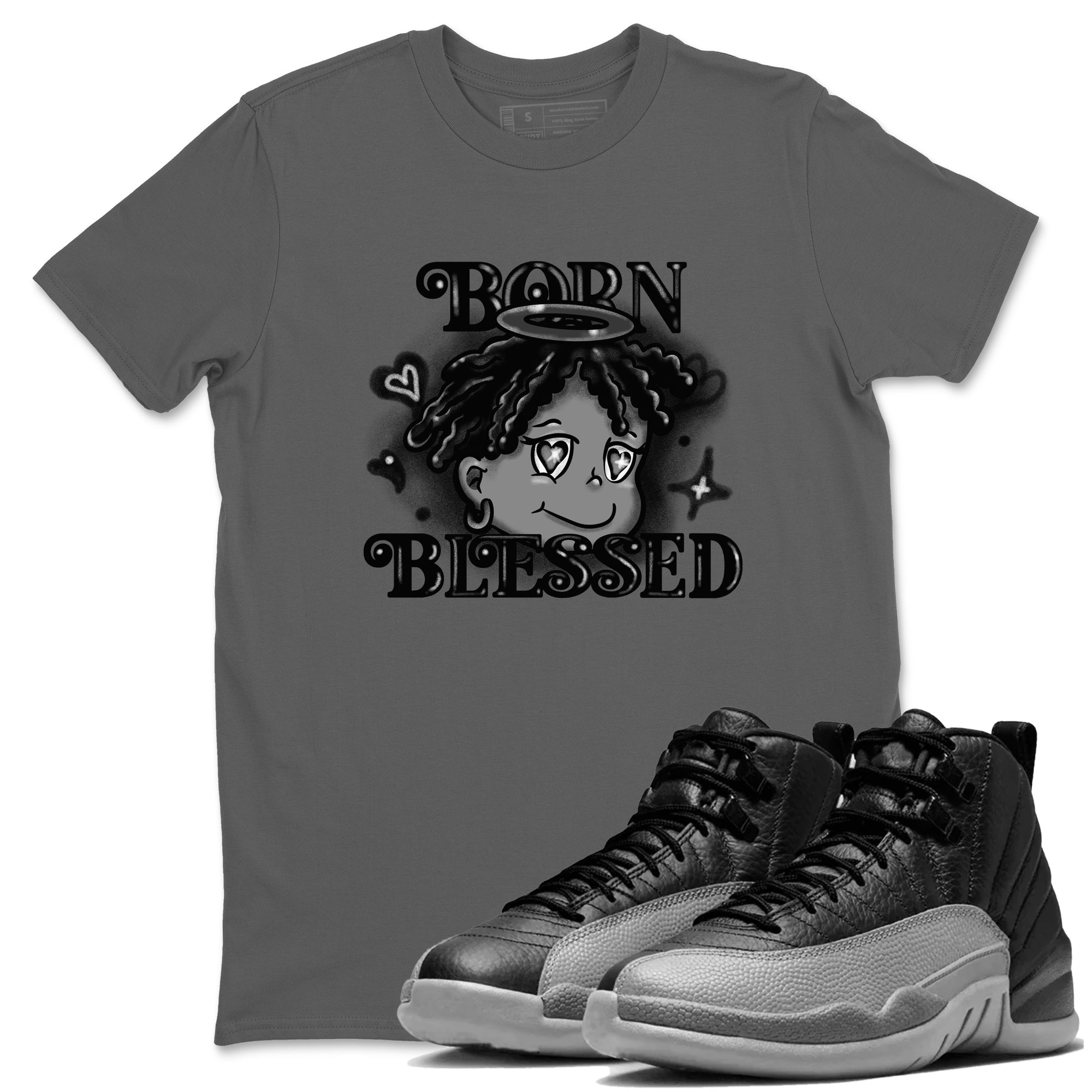 Born Blessed snkmatch Tees - Air Jordan 12 Black Wolf Grey