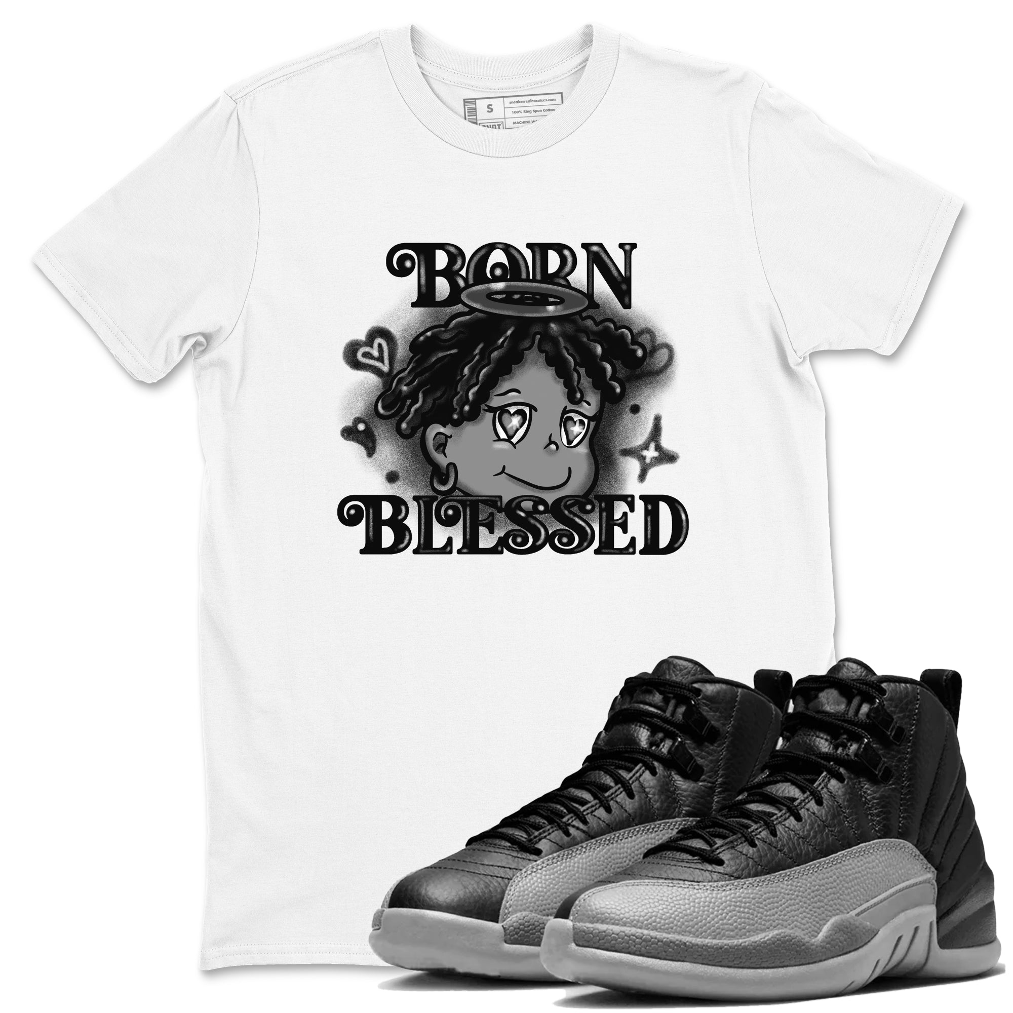 Born Blessed snkmatch Tees - Air Jordan 12 Black Wolf Grey