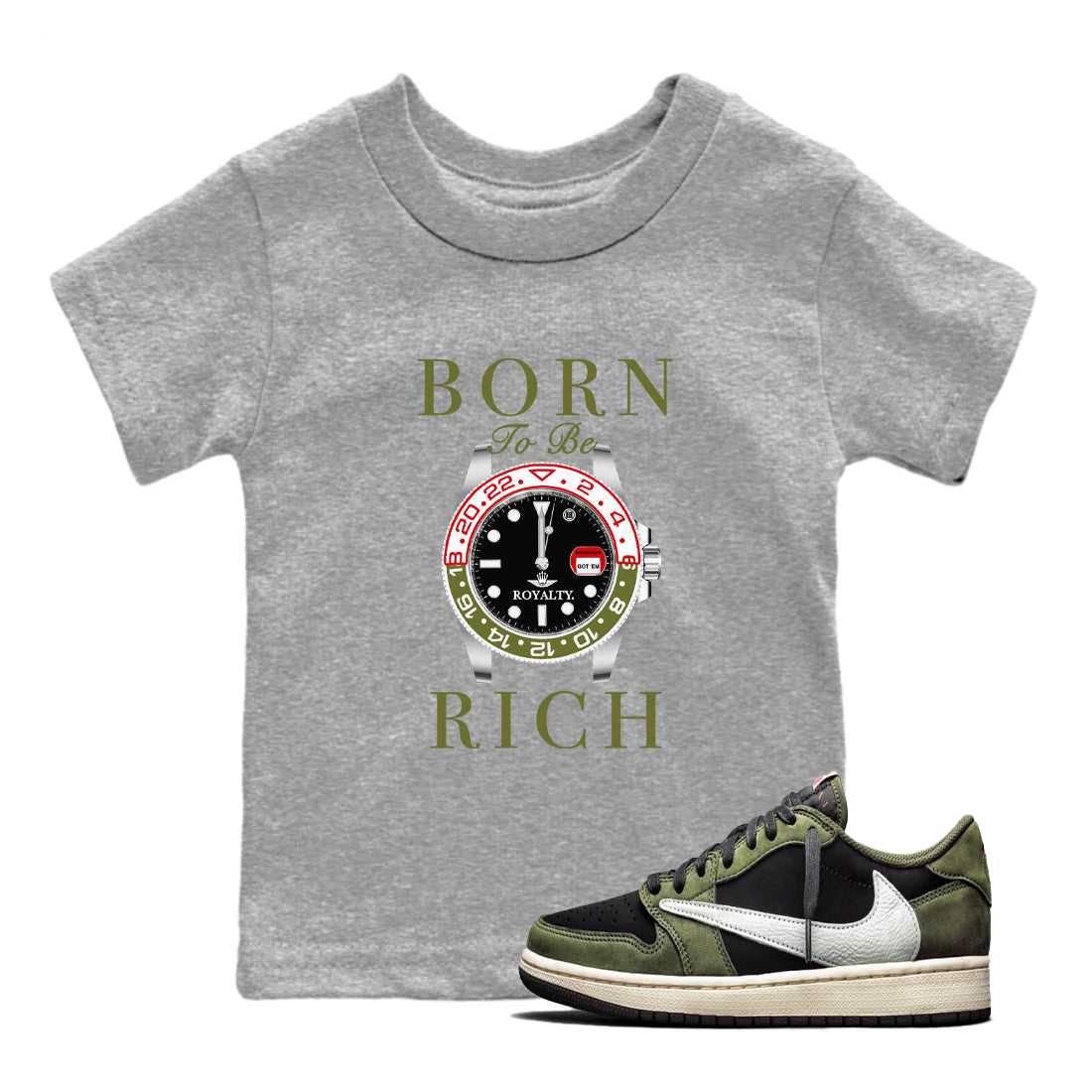 Born To Be Rich snkmatch Tees Kids - Air Jordan 1 Travis Scott Medium Olive