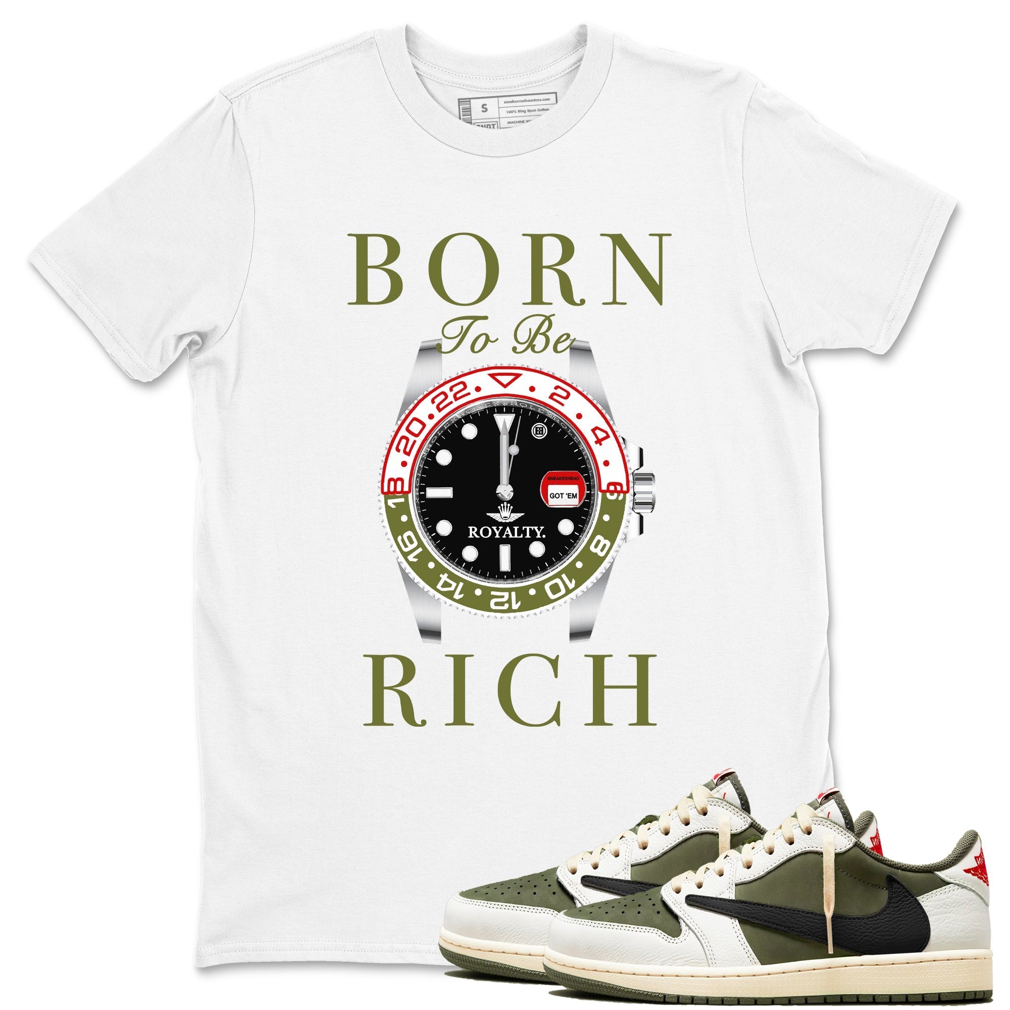 Born To Be Rich snkmatch Tees - Air Jordan 1 Travis Scott Medium Olive