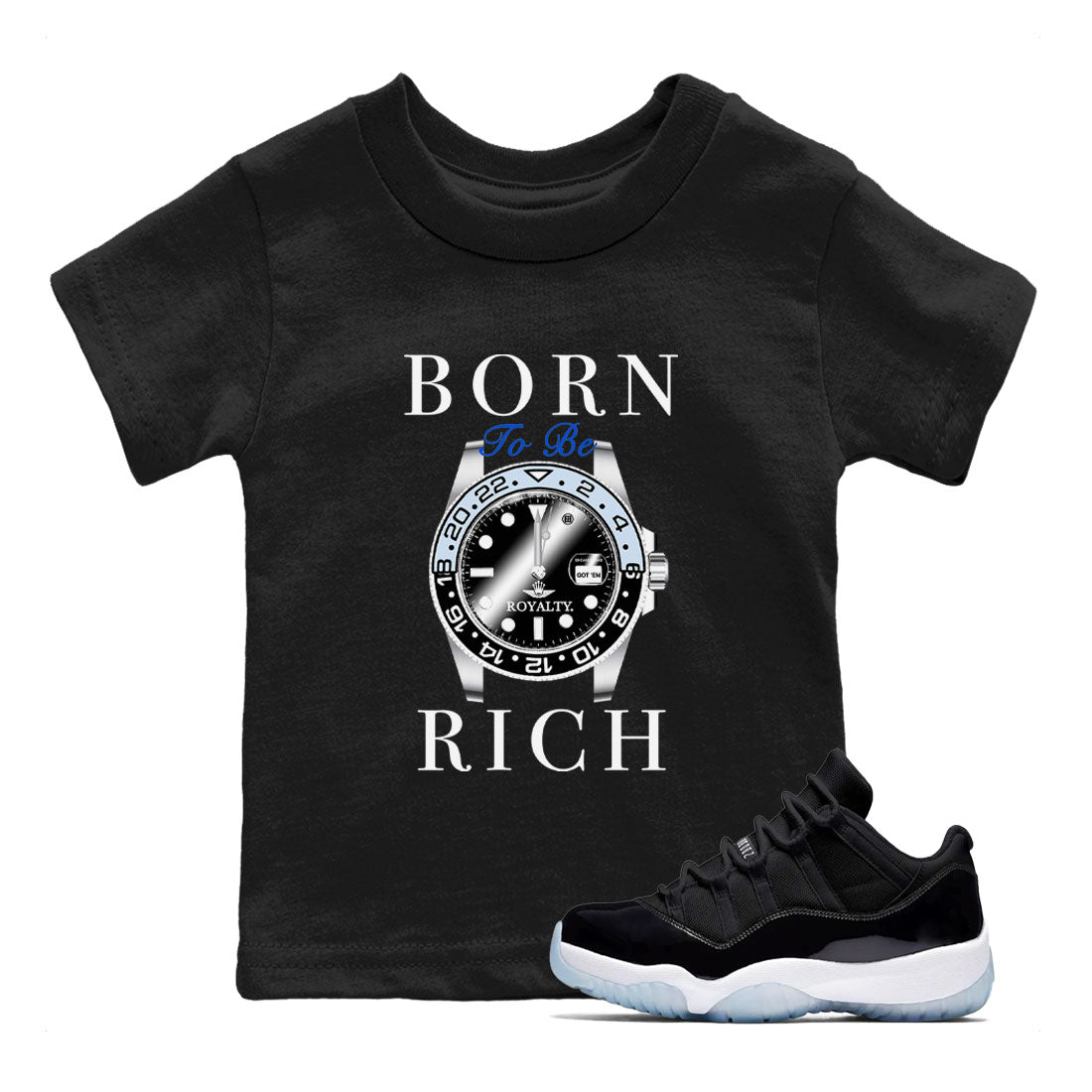 Born To Be Rich snkmatch Tees Kids - Air Jordan 11 Black and Varsity Royal