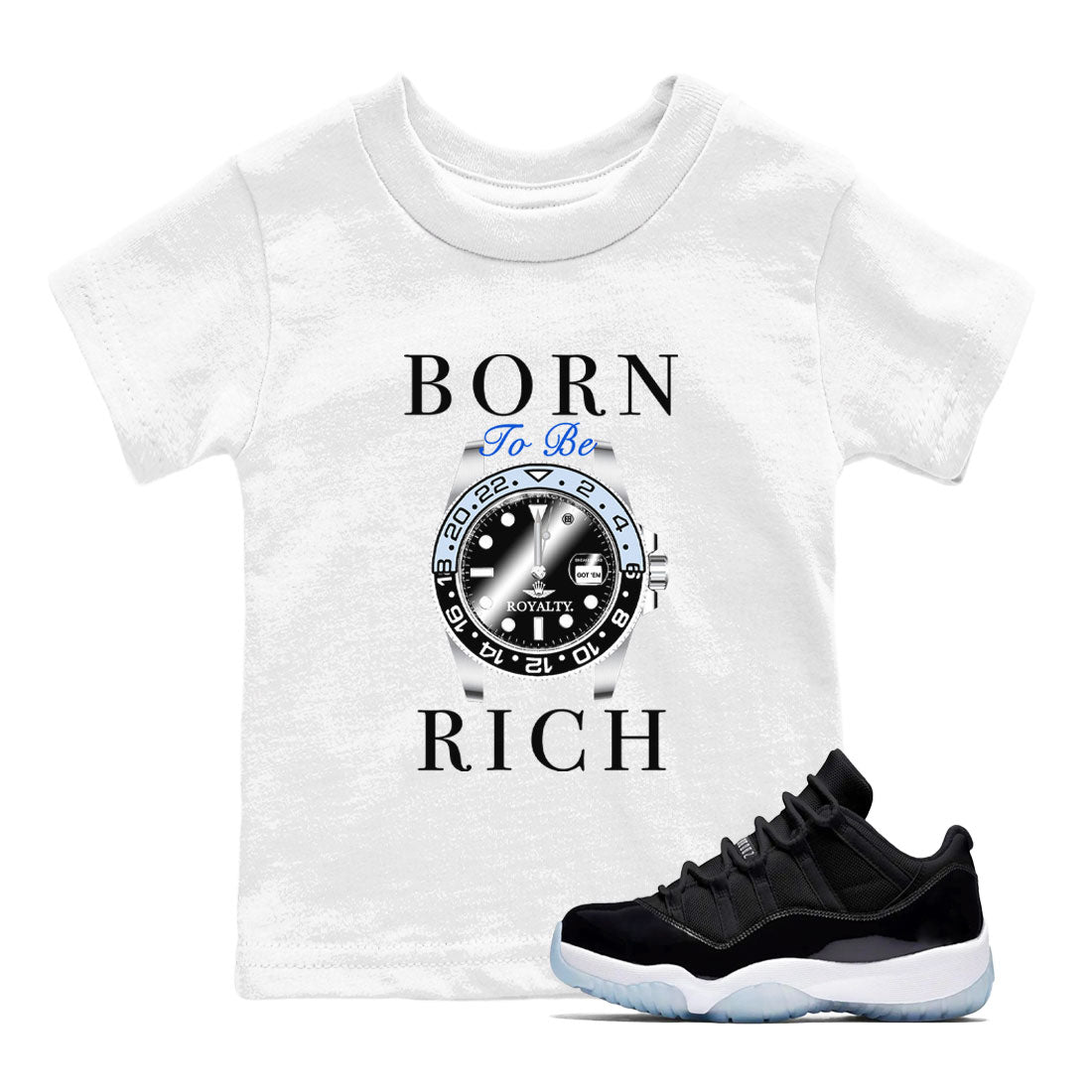 Born To Be Rich snkmatch Tees Kids - Air Jordan 11 Black and Varsity Royal