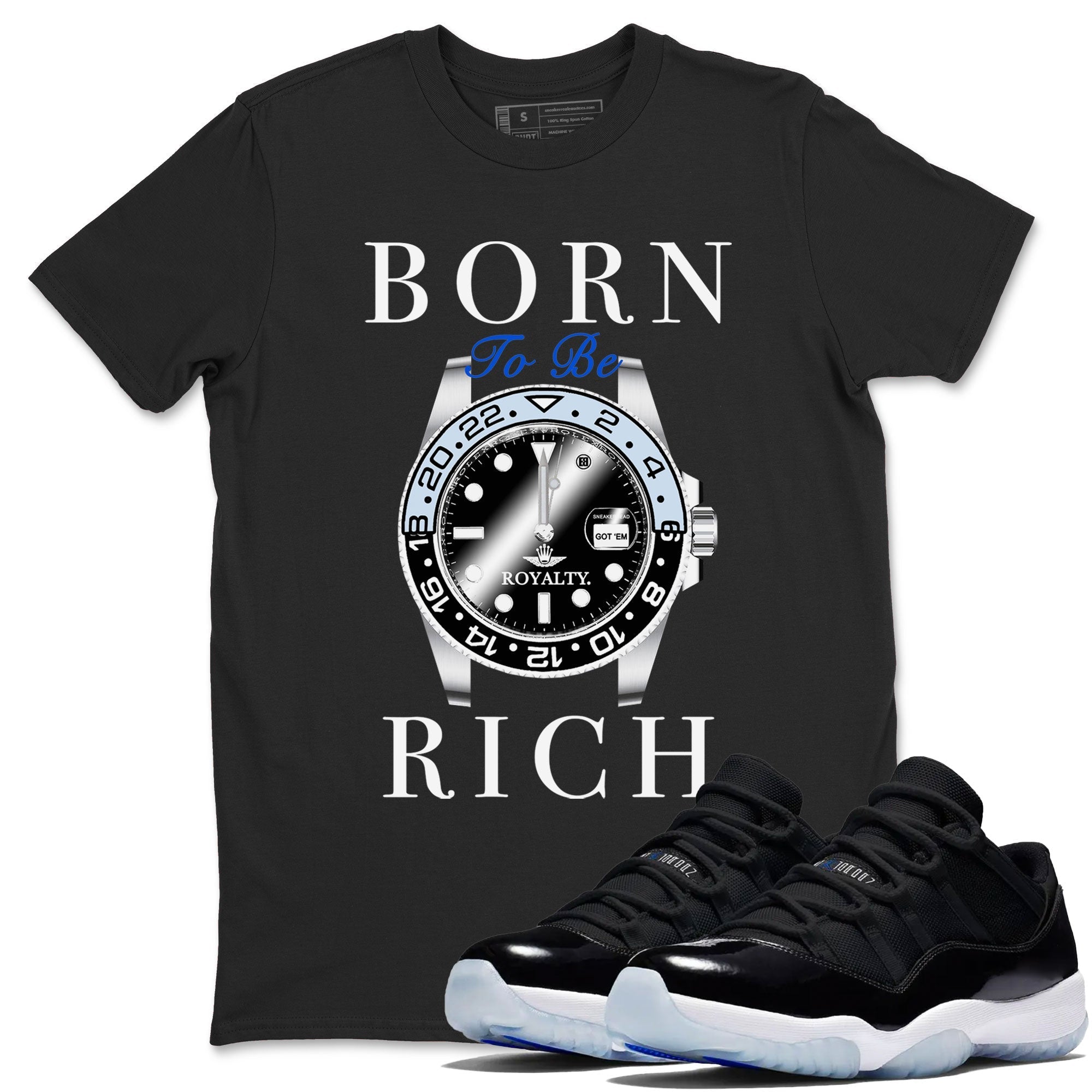 Born To Be Rich snkmatch Tees - Air Jordan 11 Black and Varsity Royal