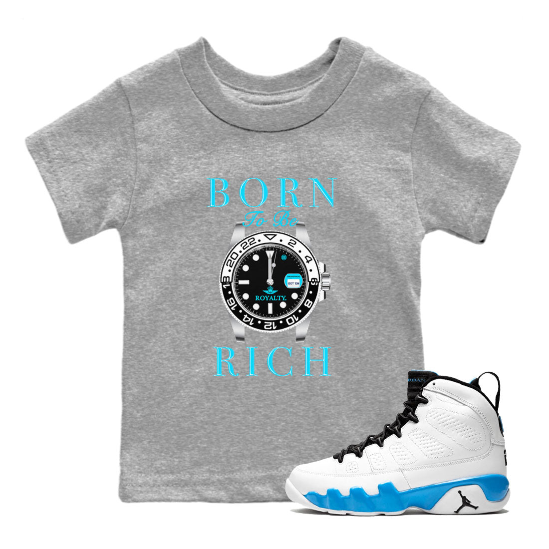Born To Be Rich snkmatch Tees Kids - Air Jordan 9 Powder Blue