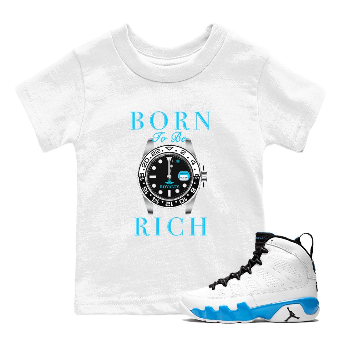 Born To Be Rich snkmatch Tees Kids - Air Jordan 9 Powder Blue
