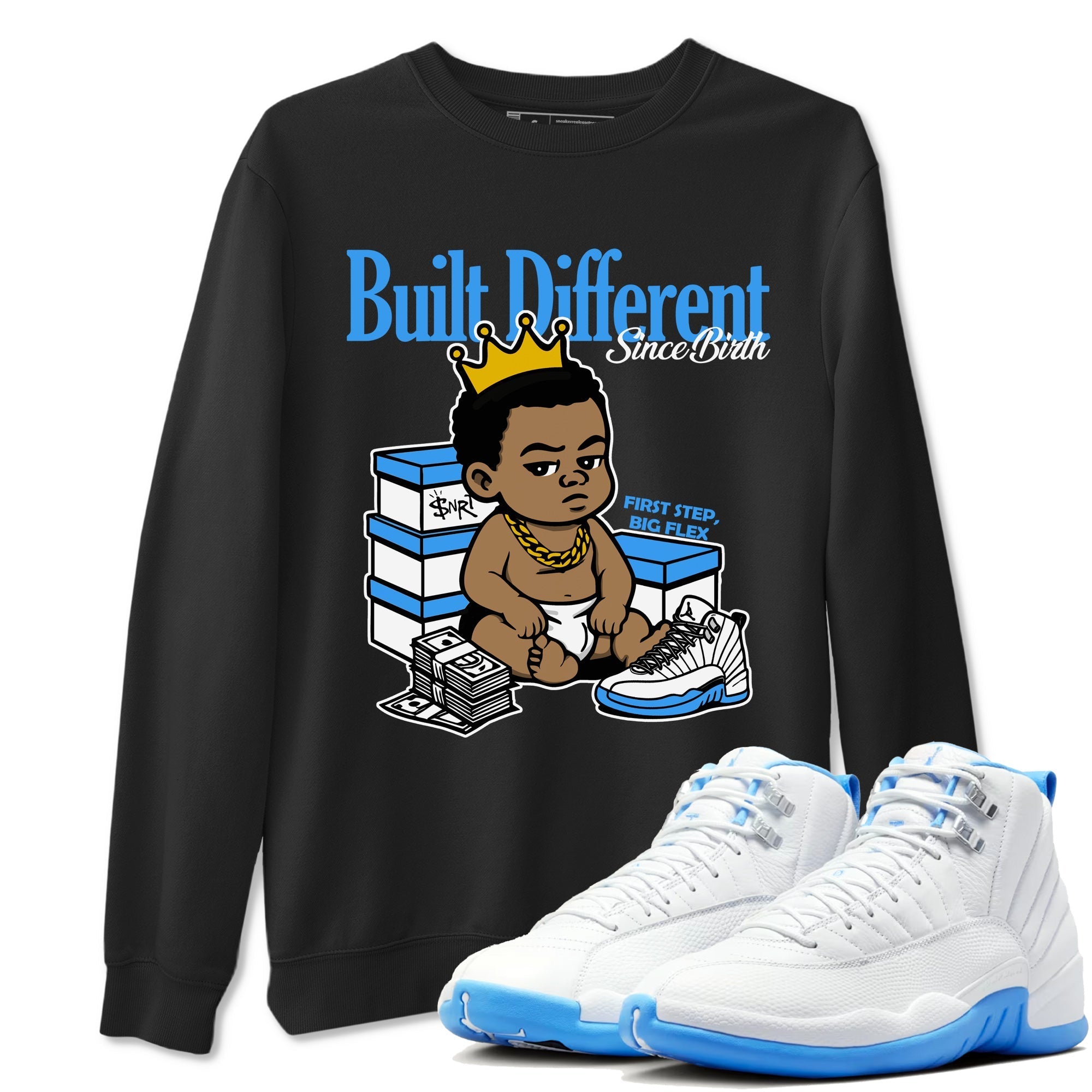 Built Different Since Birth snkmatch Tees - Air Jordan 12 White and University Blue
