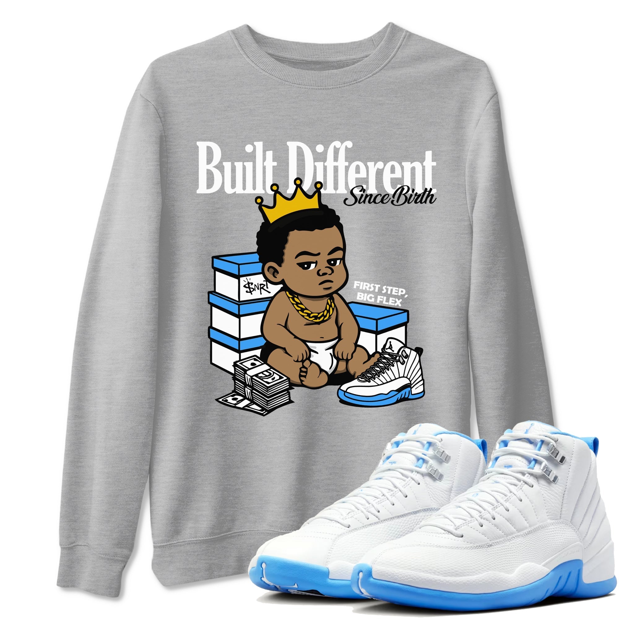 Built Different Since Birth snkmatch Tees - Air Jordan 12 White and University Blue