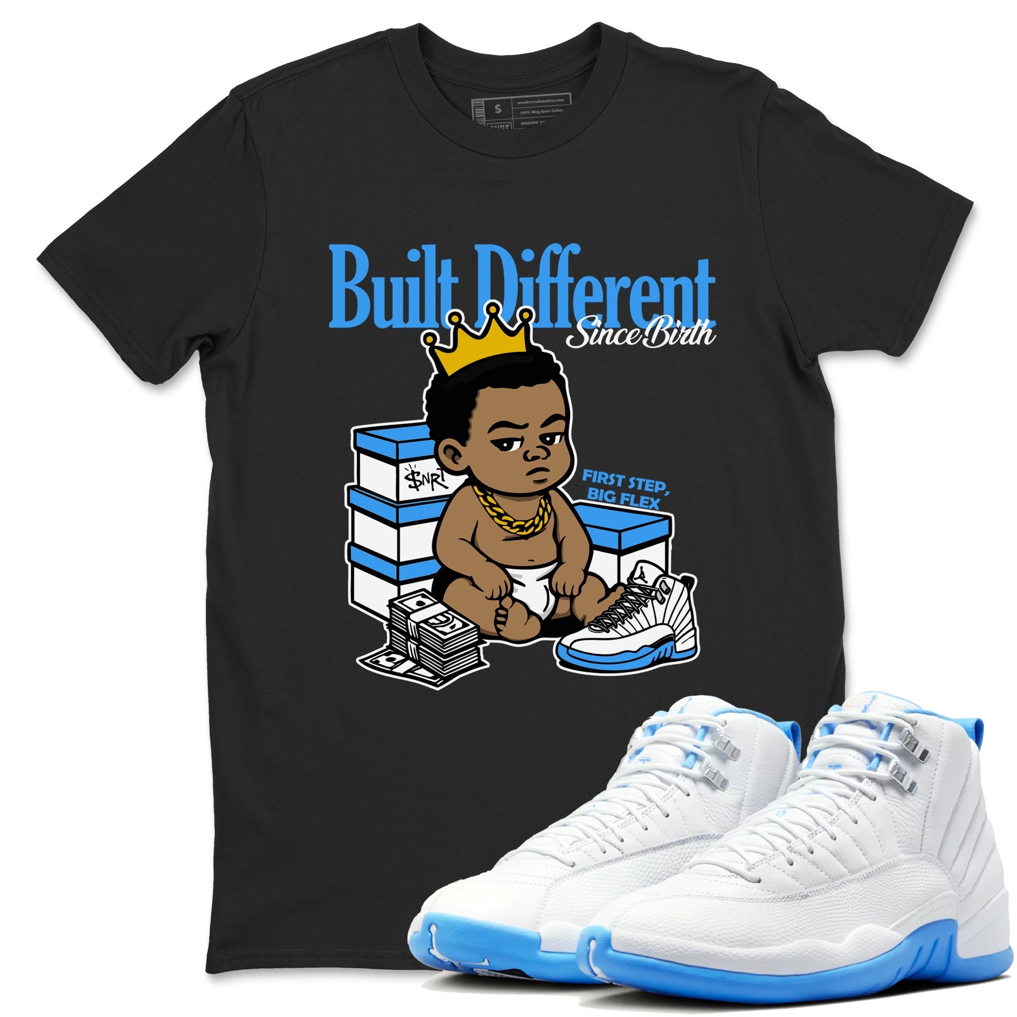 Built Different Since Birth snkmatch Tees - Air Jordan 12 White and University Blue