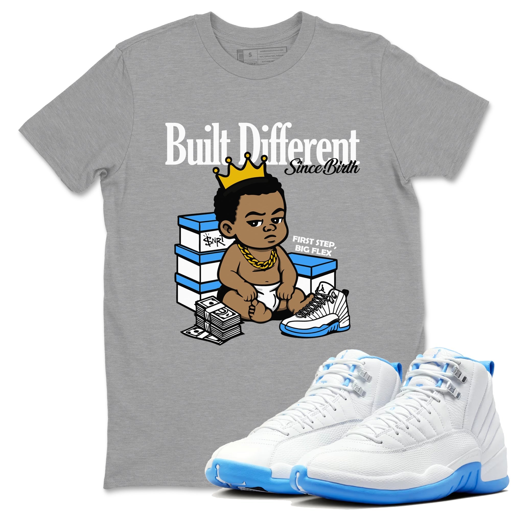 Built Different Since Birth snkmatch Tees - Air Jordan 12 White and University Blue