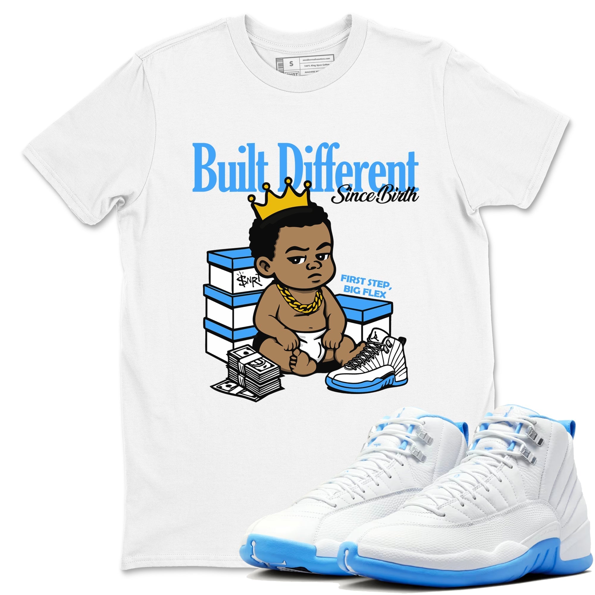 Built Different Since Birth snkmatch Tees - Air Jordan 12 White and University Blue
