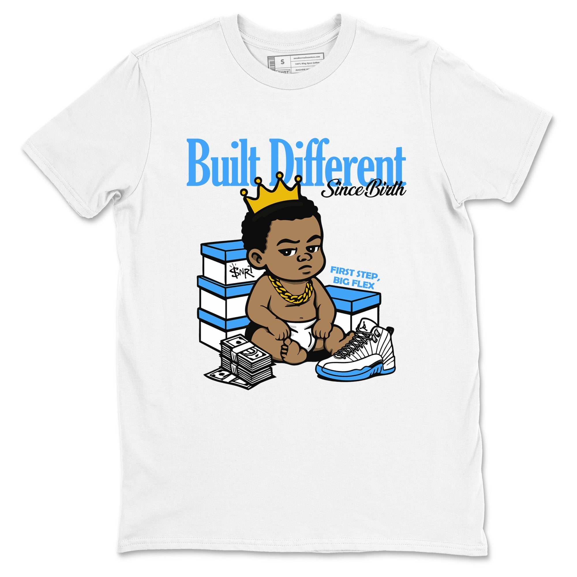 Built Different Since Birth snkmatch Tees - Air Jordan 12 White and University Blue