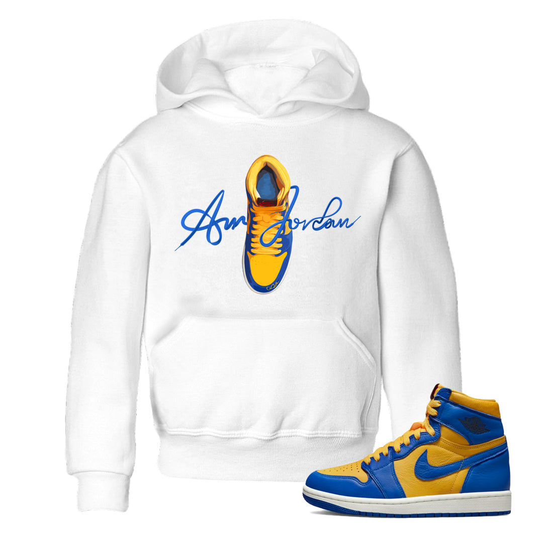Caligraphy Shoe Lace Kids Tops - Air Jordan 1 Game Royal Varsity Maize
